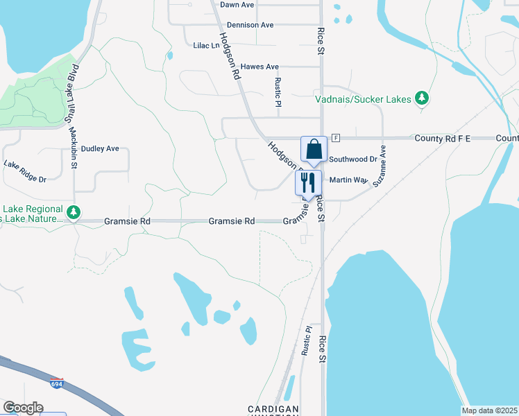 map of restaurants, bars, coffee shops, grocery stores, and more near 251 Gramsie Road in Shoreview
