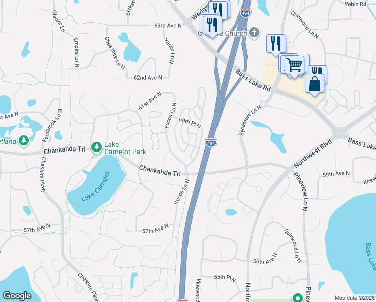 map of restaurants, bars, coffee shops, grocery stores, and more near 5955 Wedgewood Lane North in Plymouth