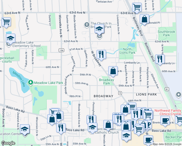 map of restaurants, bars, coffee shops, grocery stores, and more near 7516 59th Place North in Minneapolis