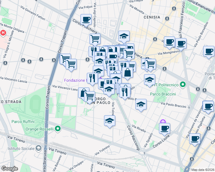 map of restaurants, bars, coffee shops, grocery stores, and more near 12 Via Limone in Torino