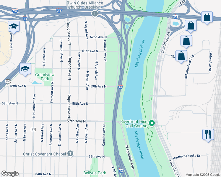 map of restaurants, bars, coffee shops, grocery stores, and more near 605 59th Avenue North in Minneapolis