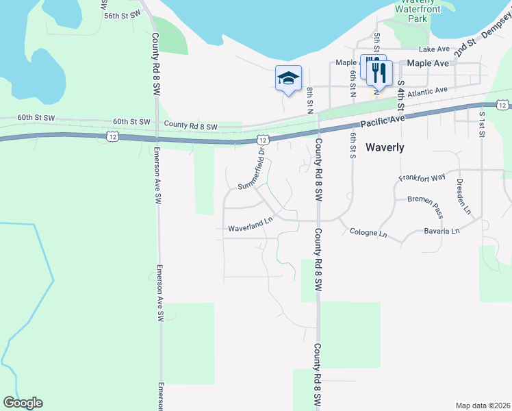 map of restaurants, bars, coffee shops, grocery stores, and more near 207 Summerfield Lane in Waverly