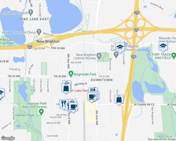 map of restaurants, bars, coffee shops, grocery stores, and more near 742 6th Avenue Northwest in New Brighton