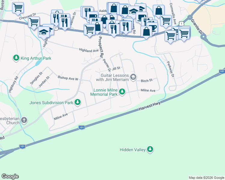 map of restaurants, bars, coffee shops, grocery stores, and more near 75 Perrier Drive in New Minas