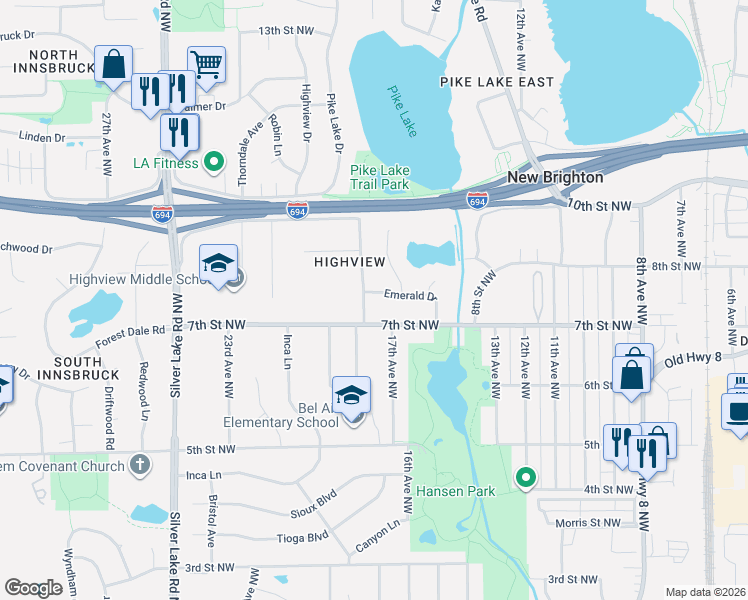 map of restaurants, bars, coffee shops, grocery stores, and more near 749 Oakwood Drive in New Brighton