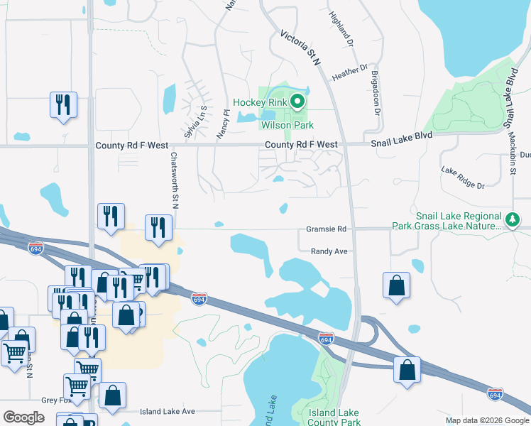 map of restaurants, bars, coffee shops, grocery stores, and more near 855 Gramsie Rd in Shoreview