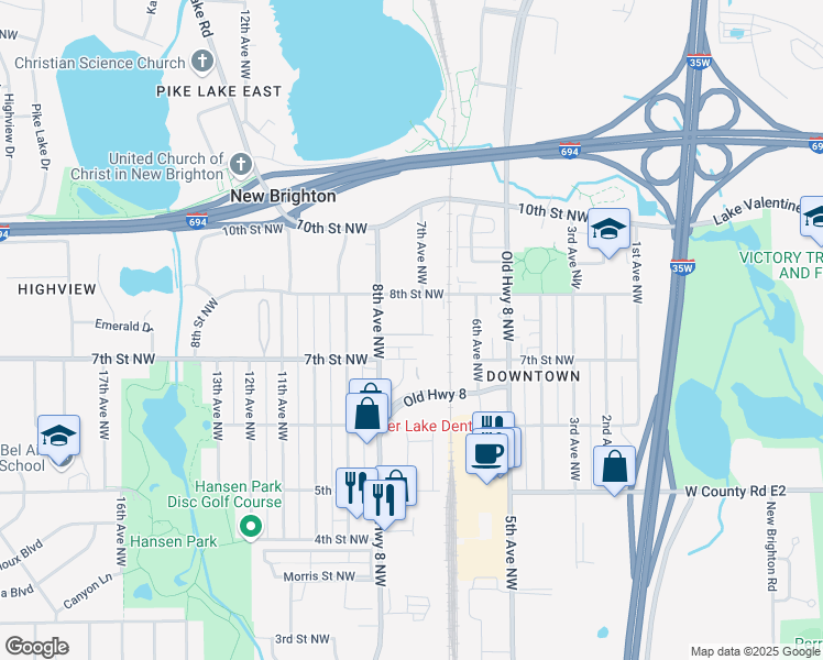 map of restaurants, bars, coffee shops, grocery stores, and more near 742 7th Avenue Northwest in New Brighton