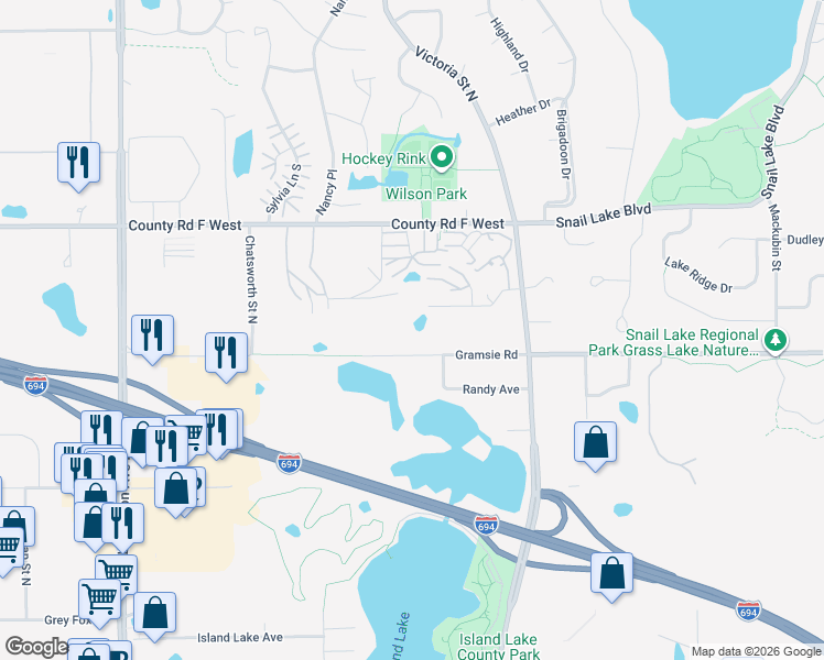 map of restaurants, bars, coffee shops, grocery stores, and more near 855 Gramsie Road in Shoreview