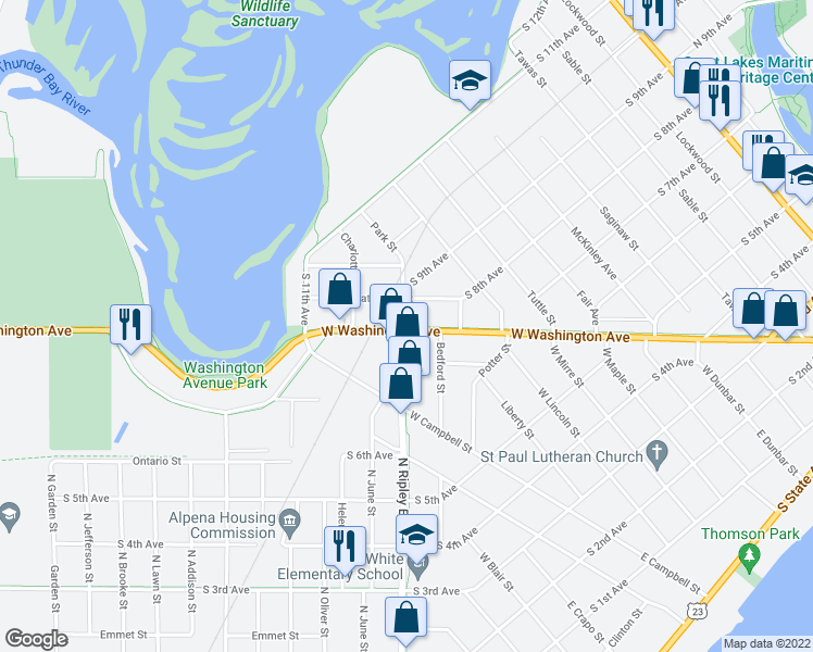 map of restaurants, bars, coffee shops, grocery stores, and more near Alpena Bi-Path in Alpena