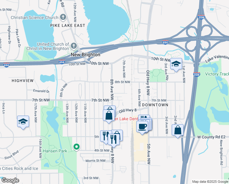map of restaurants, bars, coffee shops, grocery stores, and more near 739 8th Avenue Northwest in New Brighton