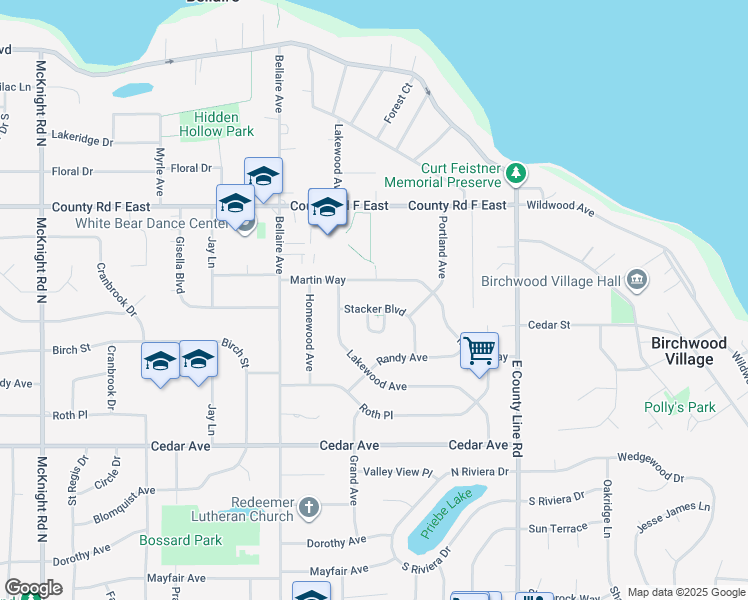 map of restaurants, bars, coffee shops, grocery stores, and more near 2593 Stacker Boulevard in White Bear Lake