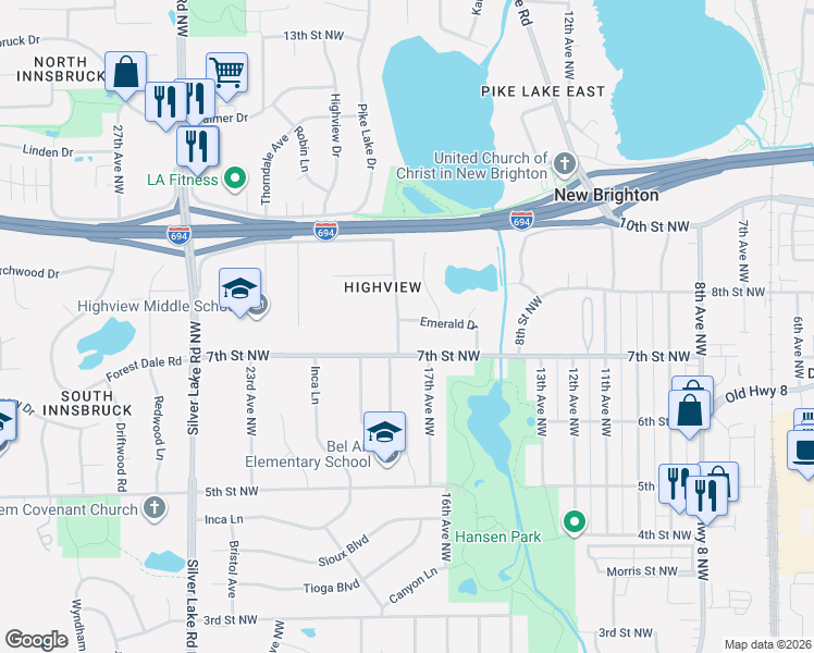 map of restaurants, bars, coffee shops, grocery stores, and more near 749 Oakwood Drive in New Brighton