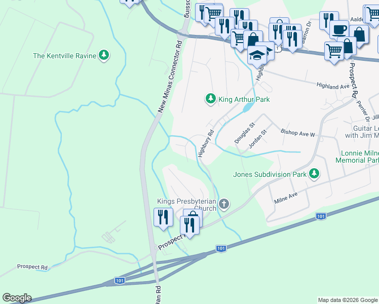 map of restaurants, bars, coffee shops, grocery stores, and more near 57 Kara Anne Crescent in New Minas
