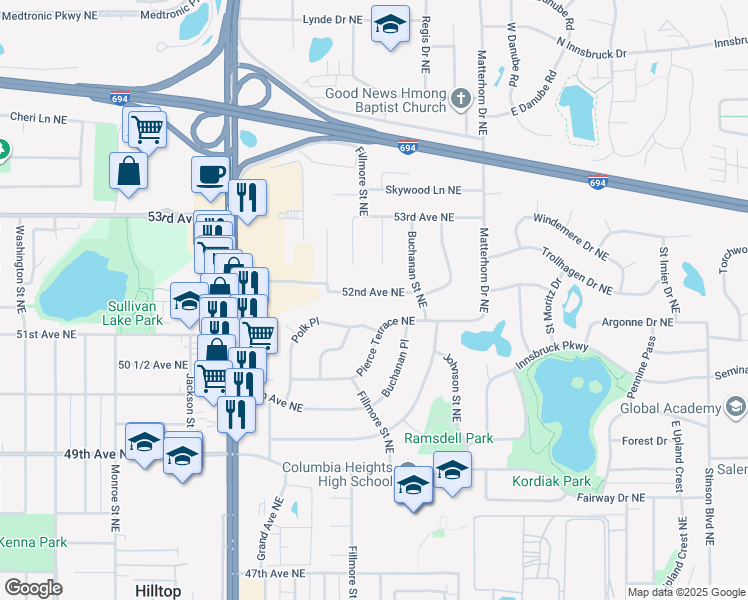 map of restaurants, bars, coffee shops, grocery stores, and more near 1275 Polk Place in Minneapolis