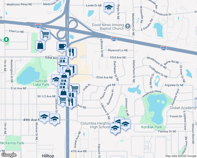 map of restaurants, bars, coffee shops, grocery stores, and more near 1175 Polk Place in Minneapolis