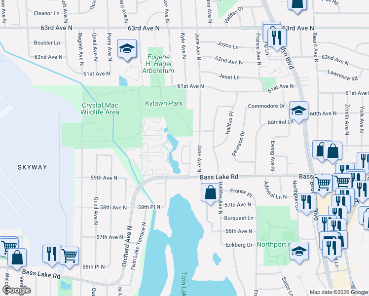 map of restaurants, bars, coffee shops, grocery stores, and more near 5833 Lake Curve Lane in Minneapolis