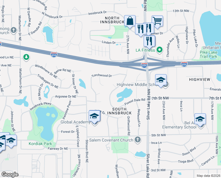 map of restaurants, bars, coffee shops, grocery stores, and more near 729 Forest Dale Road in New Brighton