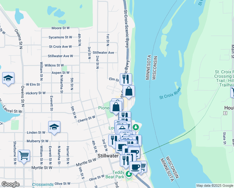 map of restaurants, bars, coffee shops, grocery stores, and more near 610 Main Street North in Stillwater