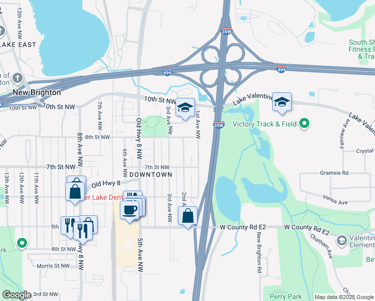 map of restaurants, bars, coffee shops, grocery stores, and more near 721 2nd Avenue Northwest in New Brighton