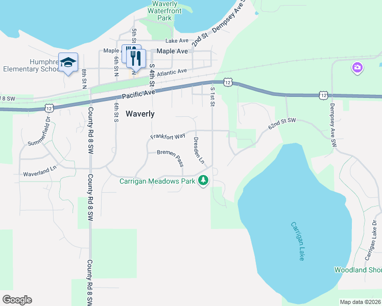 map of restaurants, bars, coffee shops, grocery stores, and more near 115 Dresden Lane in Waverly