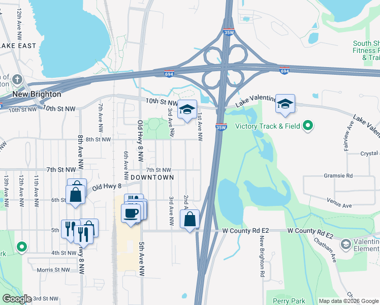 map of restaurants, bars, coffee shops, grocery stores, and more near 721 2nd Avenue Northwest in New Brighton