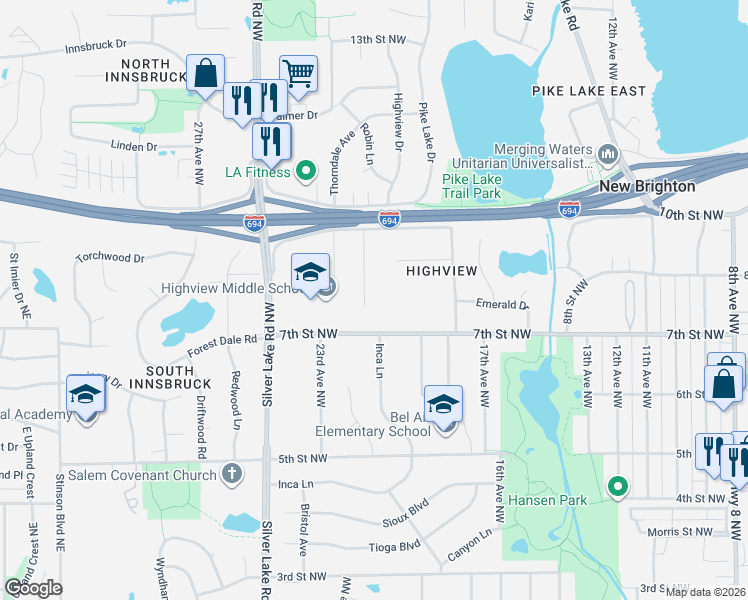 map of restaurants, bars, coffee shops, grocery stores, and more near 2160 7th Street Northwest in New Brighton