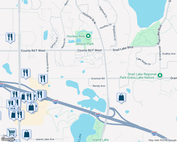 map of restaurants, bars, coffee shops, grocery stores, and more near 815 Gramsie Road in Shoreview