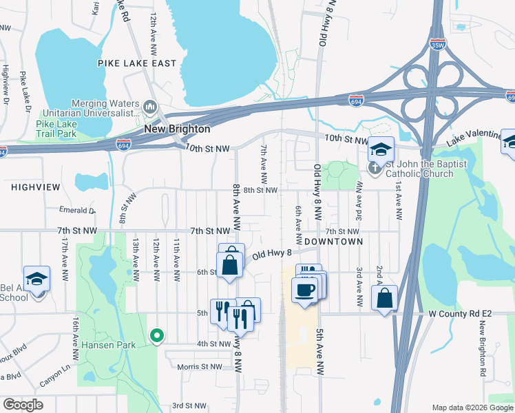 map of restaurants, bars, coffee shops, grocery stores, and more near 742 7th Avenue Northwest in New Brighton