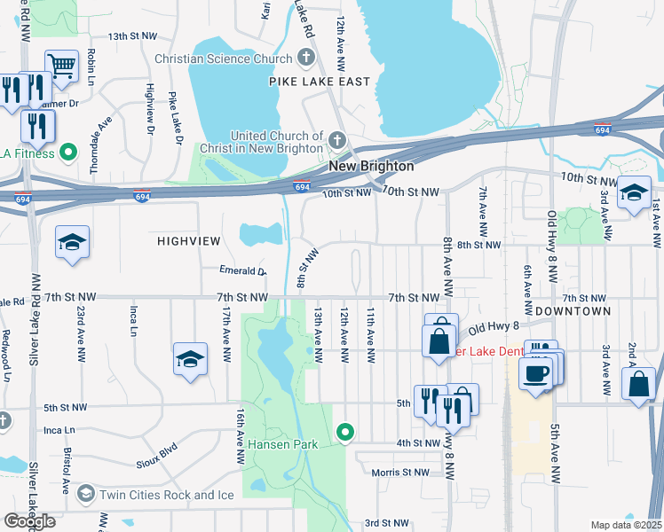 map of restaurants, bars, coffee shops, grocery stores, and more near 1380 7th Street Northwest in New Brighton