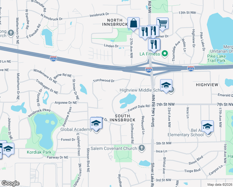map of restaurants, bars, coffee shops, grocery stores, and more near 729 Forest Dale Road in New Brighton