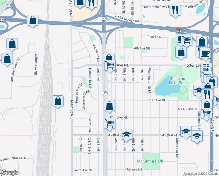 map of restaurants, bars, coffee shops, grocery stores, and more near 5121 University Avenue Northeast in Minneapolis