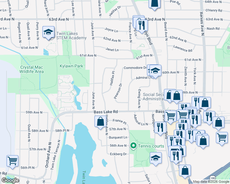 map of restaurants, bars, coffee shops, grocery stores, and more near 5830 Pearson Drive in Minneapolis
