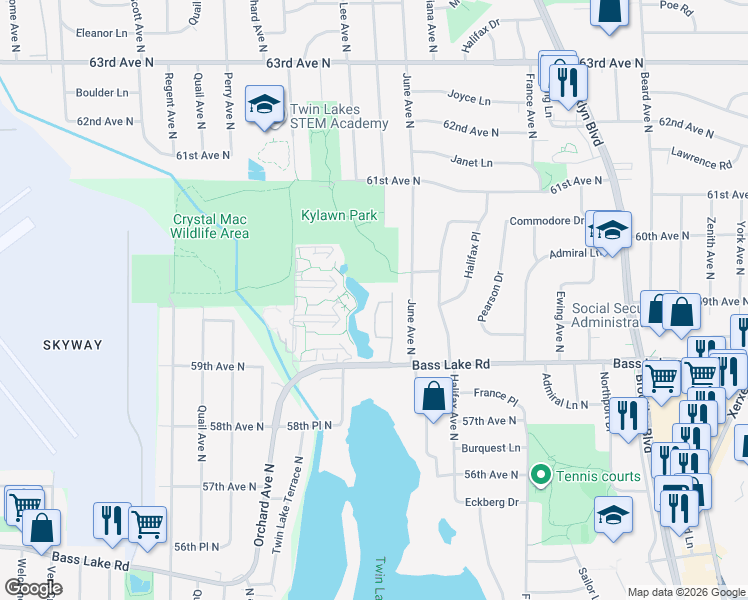 map of restaurants, bars, coffee shops, grocery stores, and more near 5833 Lake Curve Lane in Minneapolis