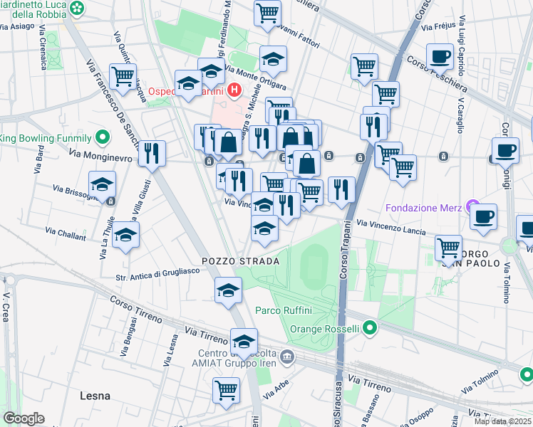 map of restaurants, bars, coffee shops, grocery stores, and more near 1-7 Via Monte Cristallo in Torino