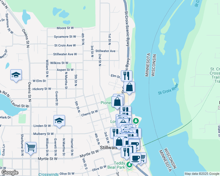 map of restaurants, bars, coffee shops, grocery stores, and more near 210 Laurel Street East in Stillwater