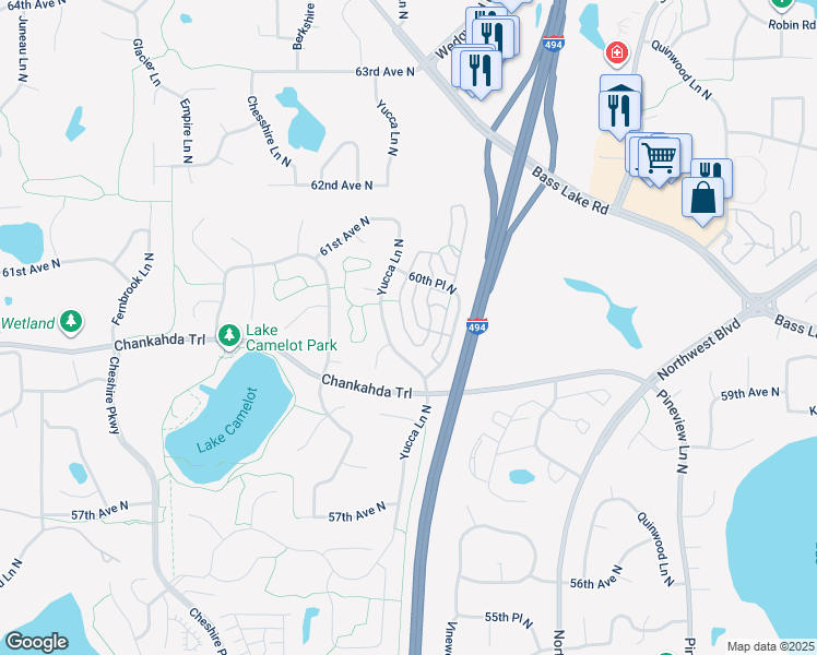 map of restaurants, bars, coffee shops, grocery stores, and more near 5965 Wedgewood Lane North in Plymouth