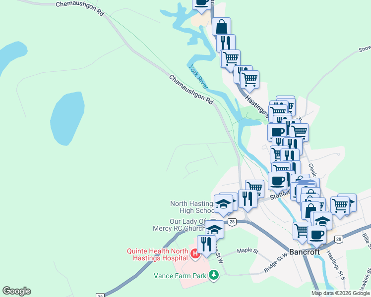 map of restaurants, bars, coffee shops, grocery stores, and more near 19 Ridge Road in Bancroft