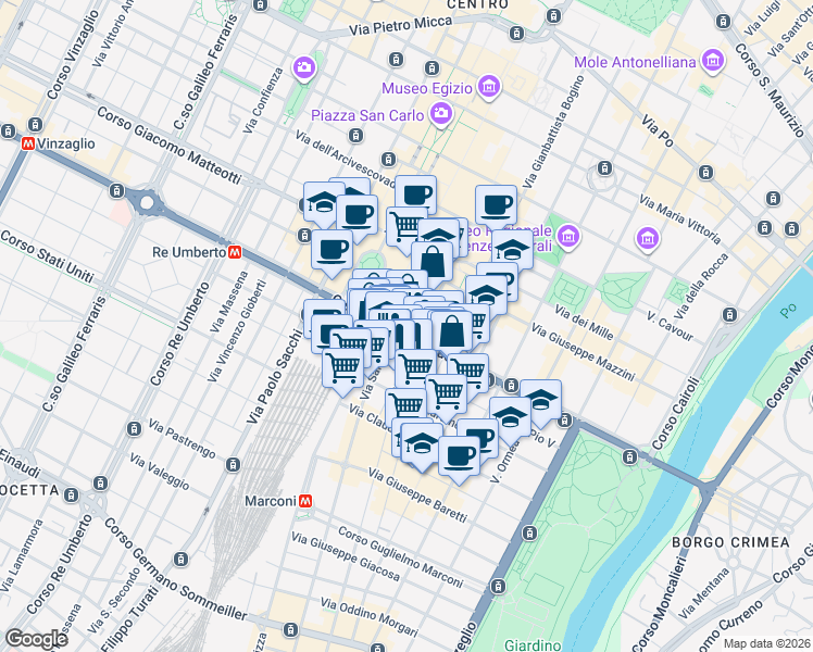 map of restaurants, bars, coffee shops, grocery stores, and more near 41 Corso Vittorio Emanuele II in Torino