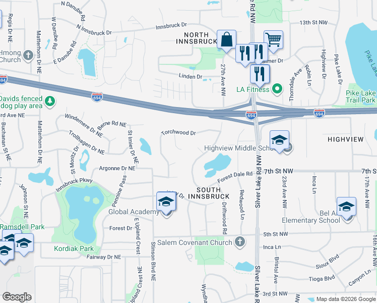 map of restaurants, bars, coffee shops, grocery stores, and more near 729 Forest Dale Road in New Brighton