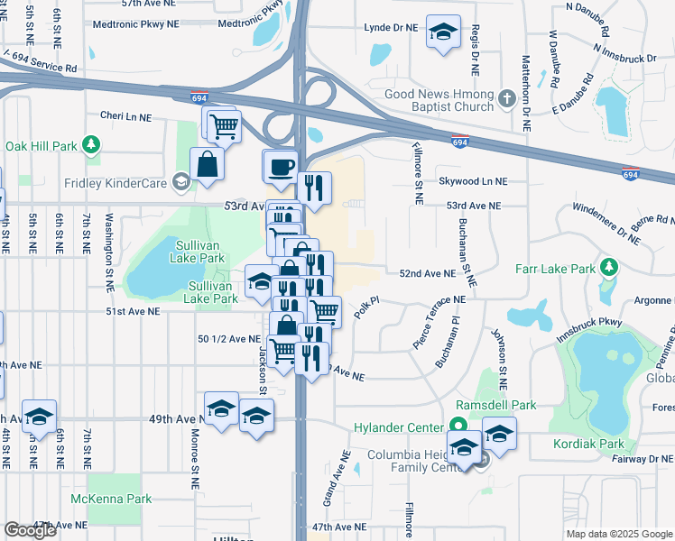 map of restaurants, bars, coffee shops, grocery stores, and more near 1087 Polk Circle in Minneapolis