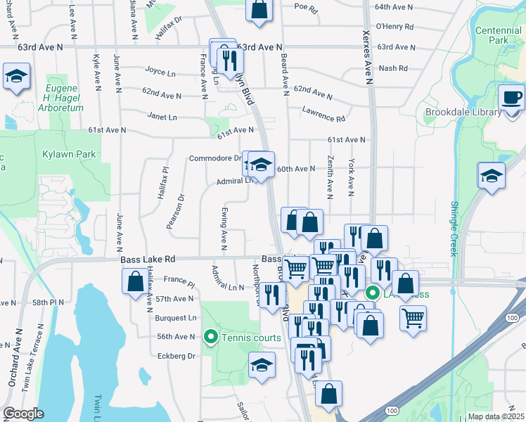 map of restaurants, bars, coffee shops, grocery stores, and more near 5831 Brooklyn Boulevard in Minneapolis