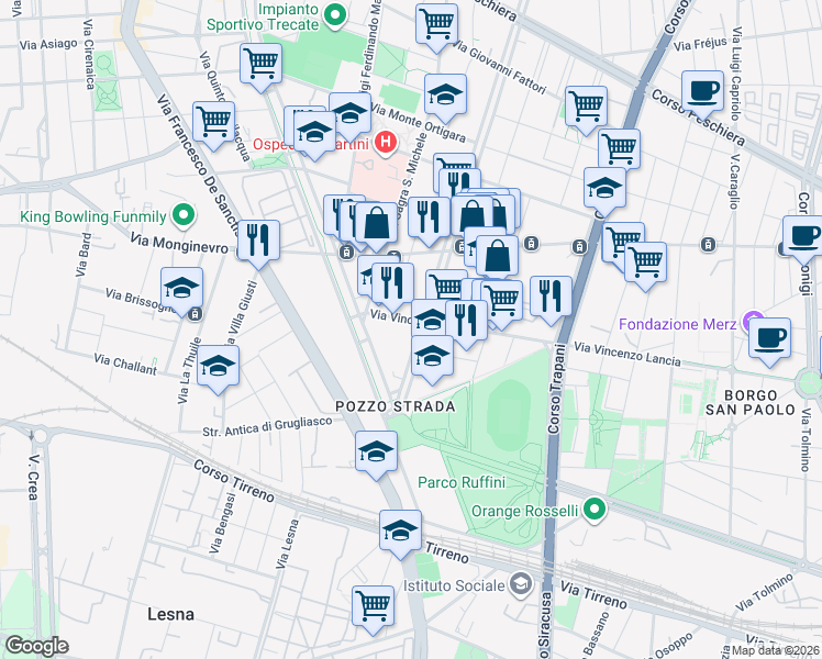 map of restaurants, bars, coffee shops, grocery stores, and more near 154 Corso Monte Cucco in Torino