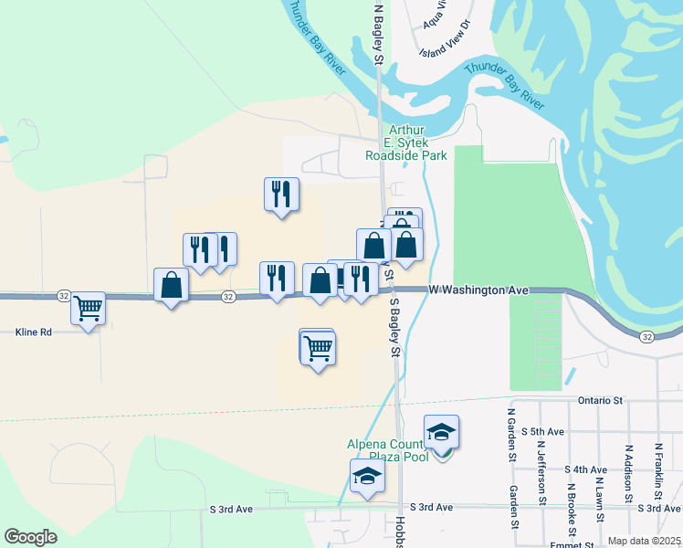 map of restaurants, bars, coffee shops, grocery stores, and more near Old Michigan 32 in Hillman