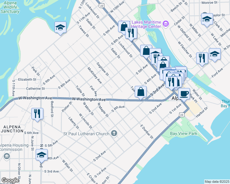 map of restaurants, bars, coffee shops, grocery stores, and more near 555 South 5th Avenue in Alpena
