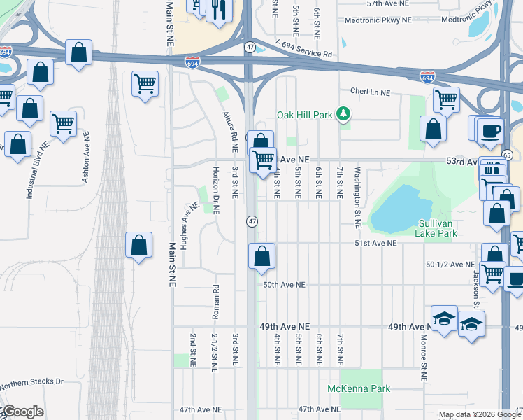 map of restaurants, bars, coffee shops, grocery stores, and more near 5207 University Avenue Northeast in Columbia Heights