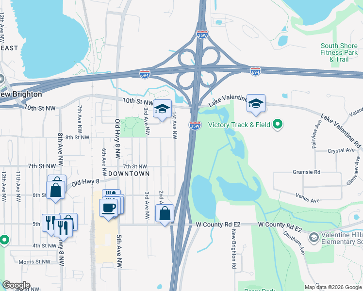 map of restaurants, bars, coffee shops, grocery stores, and more near 799 1st Avenue Northwest in New Brighton