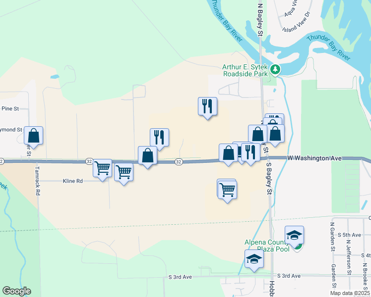 map of restaurants, bars, coffee shops, grocery stores, and more near 1324 Michigan 32 in Alpena