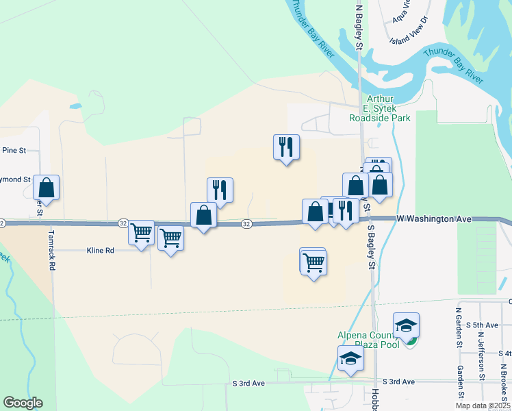 map of restaurants, bars, coffee shops, grocery stores, and more near 1324 Michigan 32 in Alpena