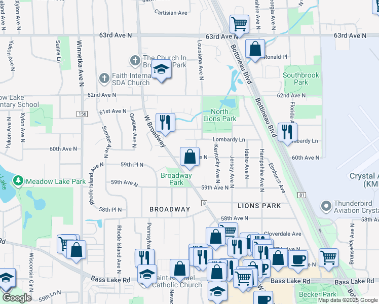 map of restaurants, bars, coffee shops, grocery stores, and more near 6040 West Broadway Avenue in New Hope