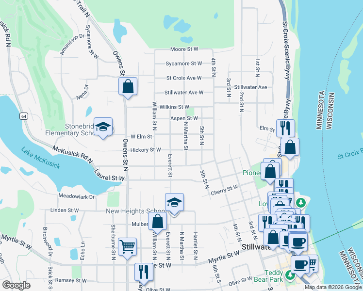 map of restaurants, bars, coffee shops, grocery stores, and more near 409 West Elm Street in Stillwater